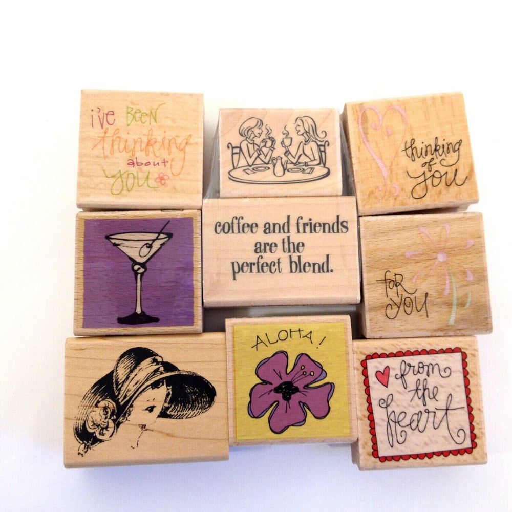 Wood Mount Rubber Stamp Set of 9 Tags Friends Aloha Thinking of You and More